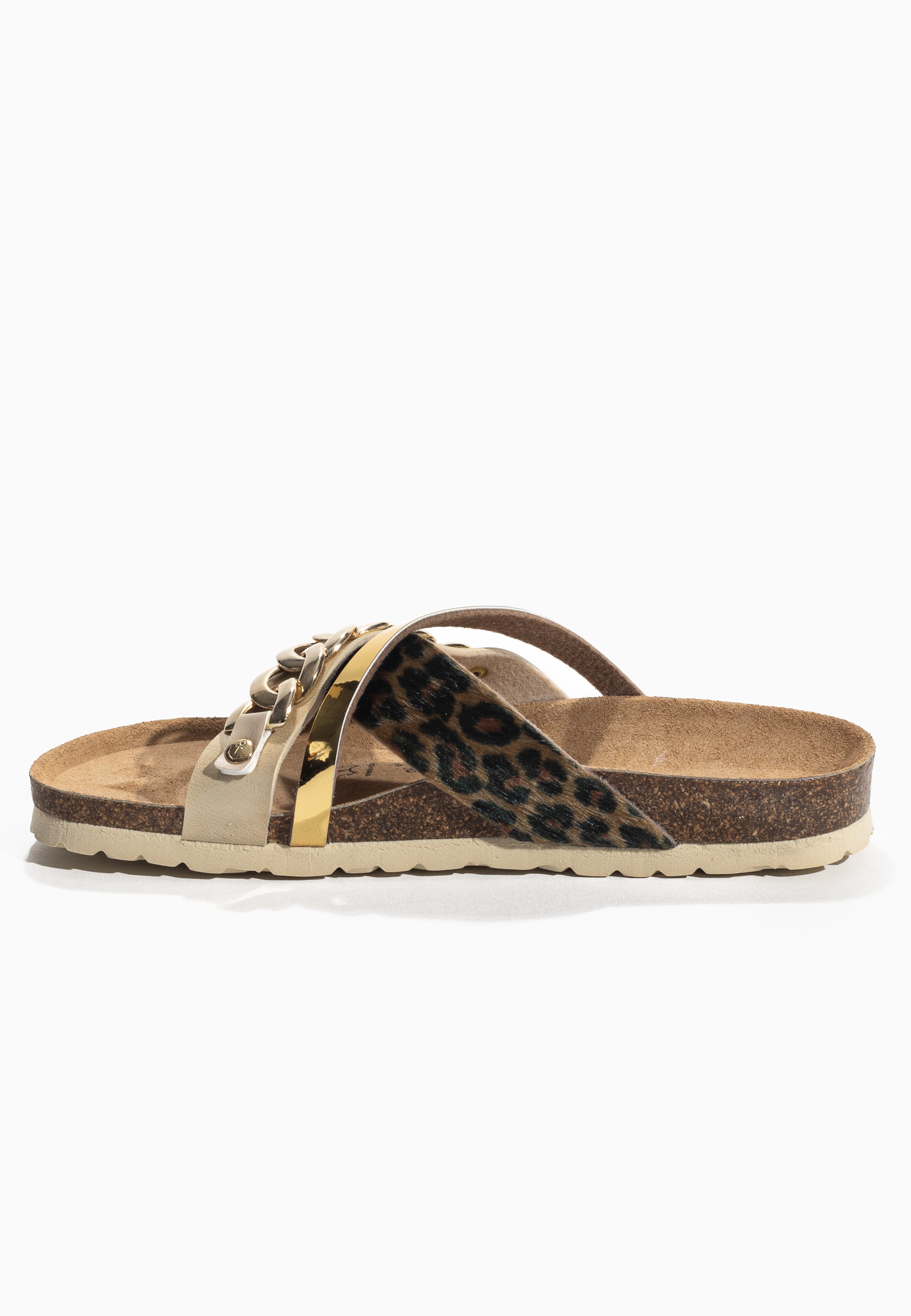 Magritte Beige and Leopard and Gold Multi-Strap Sandals