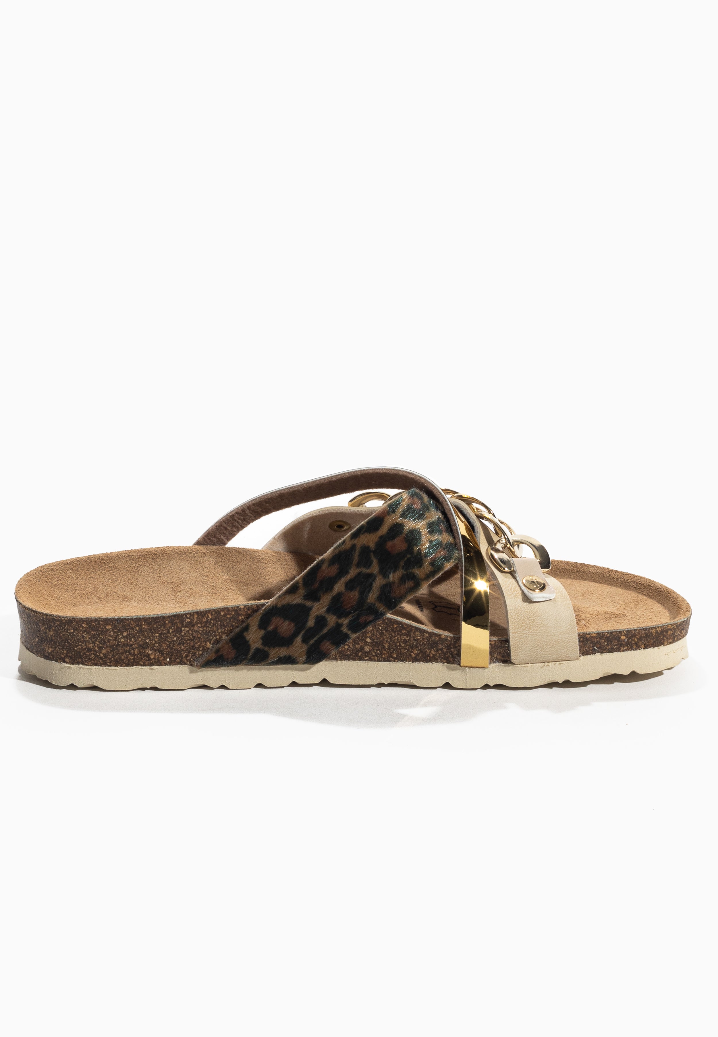 Magritte Beige and Leopard and Gold Multi-Strap Sandals