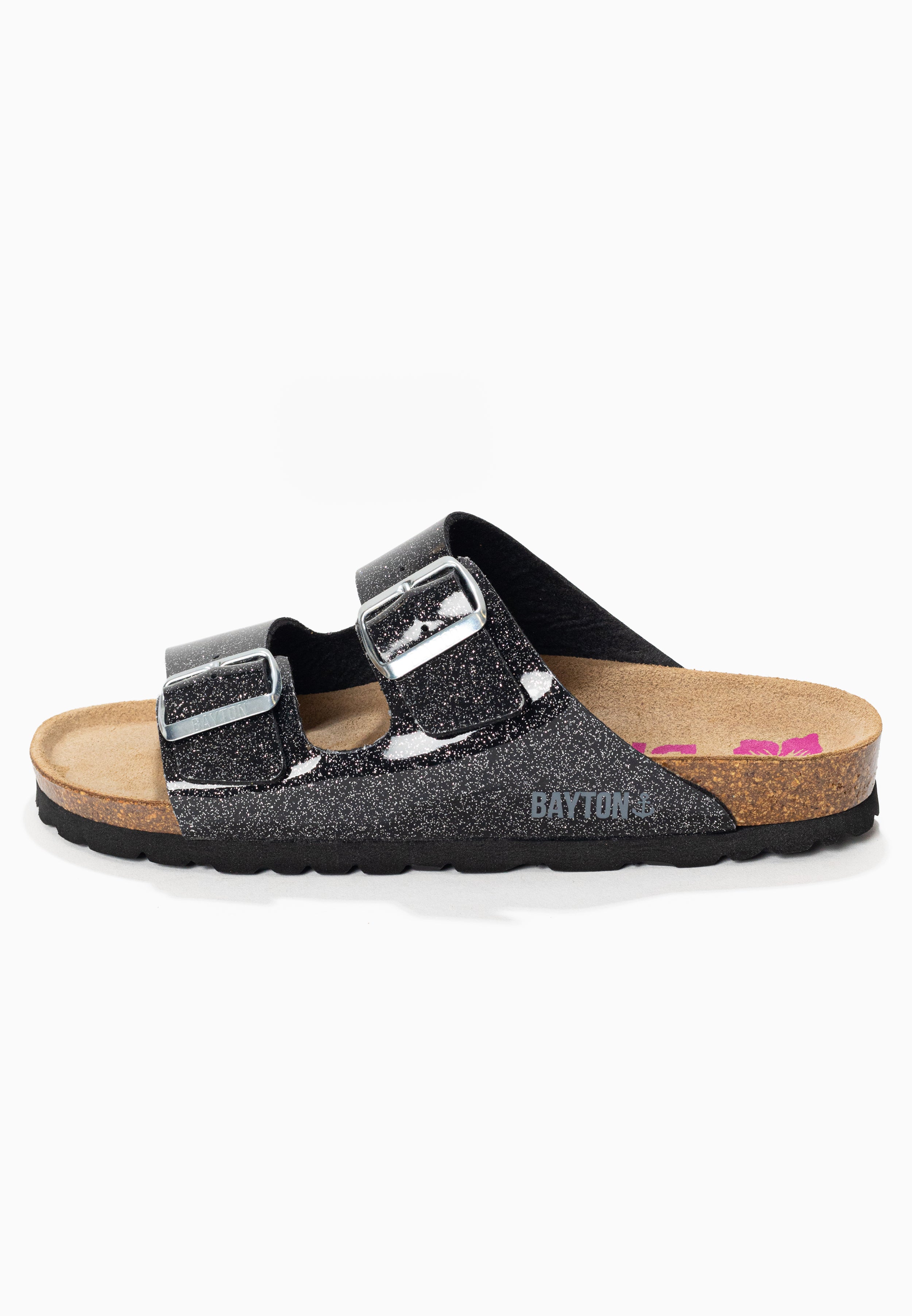 Sandalias Atlas Black de vinilo con purpurina