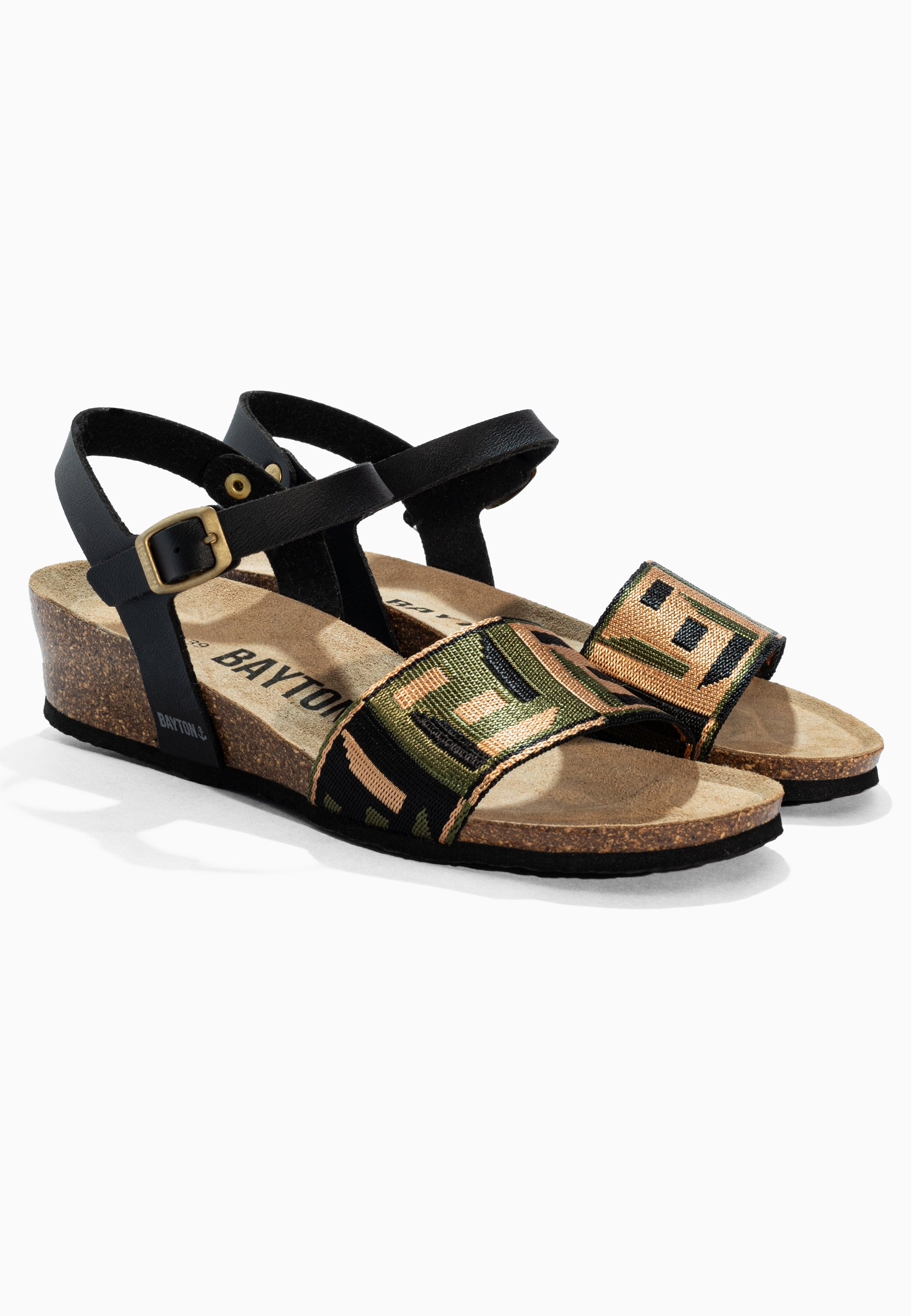 Legane Khaki and Black and Gold Sandals