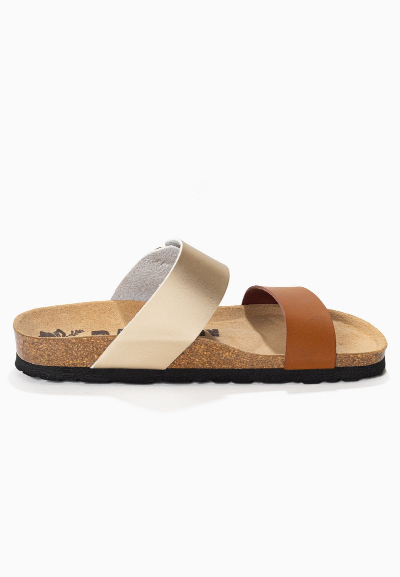 Valencia Camel and Gold 2 Strap Sandals