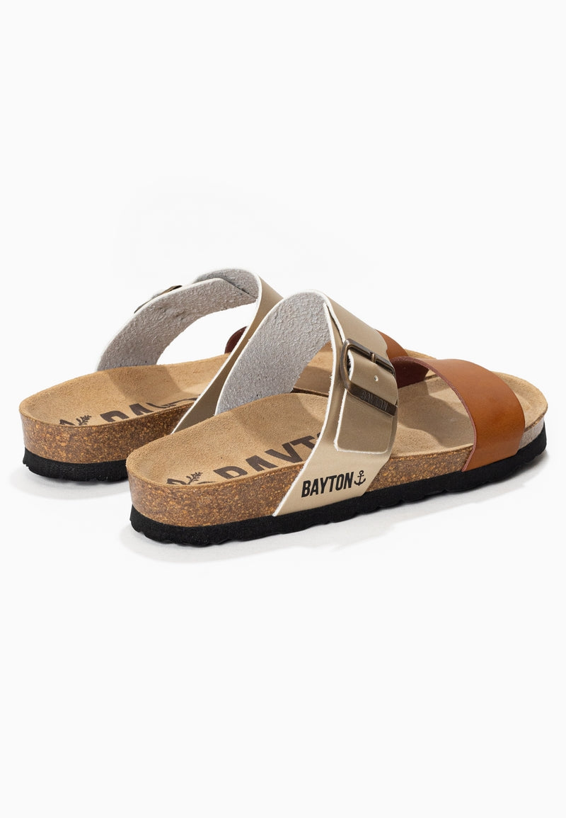 Valencia Camel and Gold 2 Strap Sandals