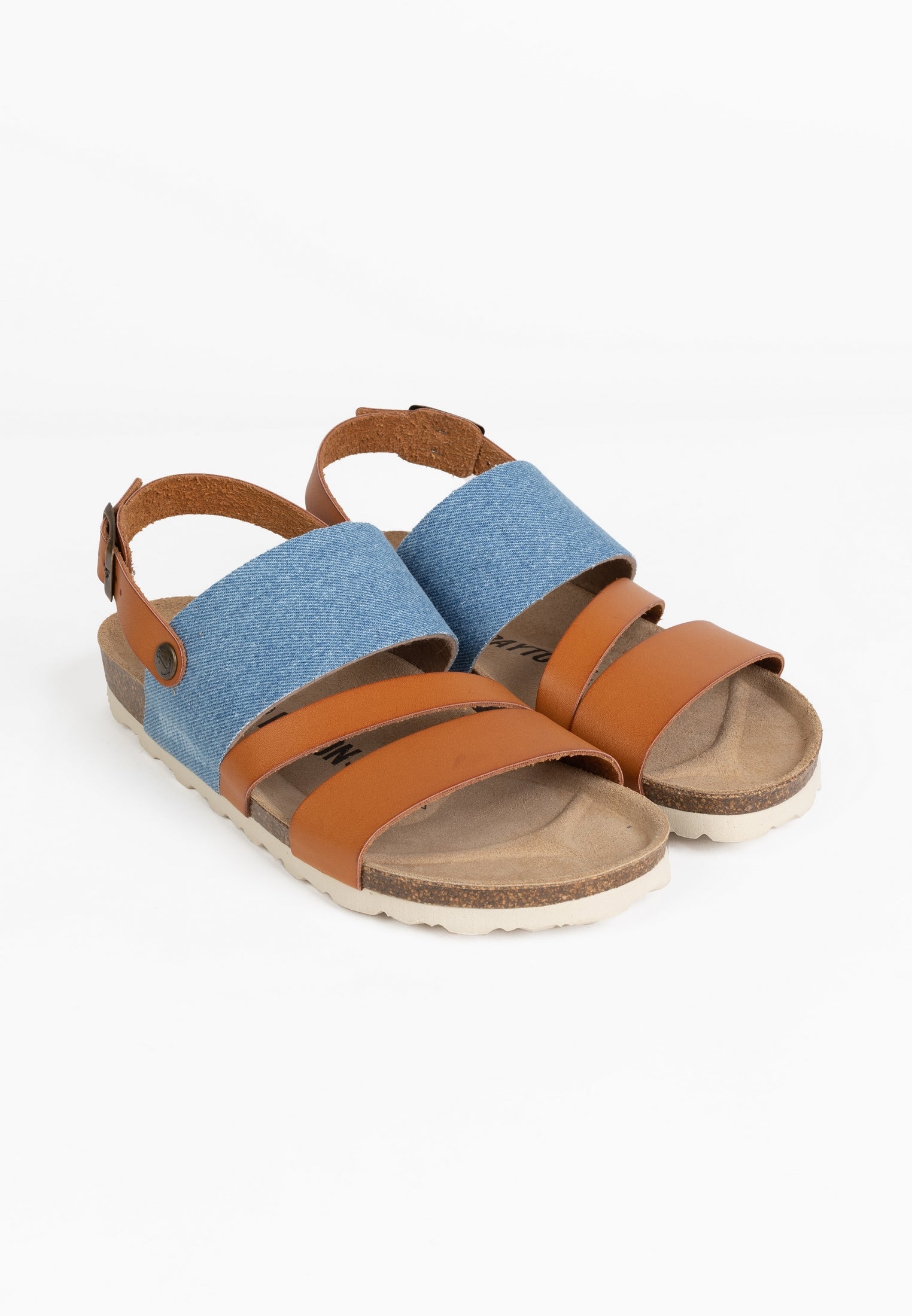 Vitoria Tan and Blue Denim Multi-Strap Sandals