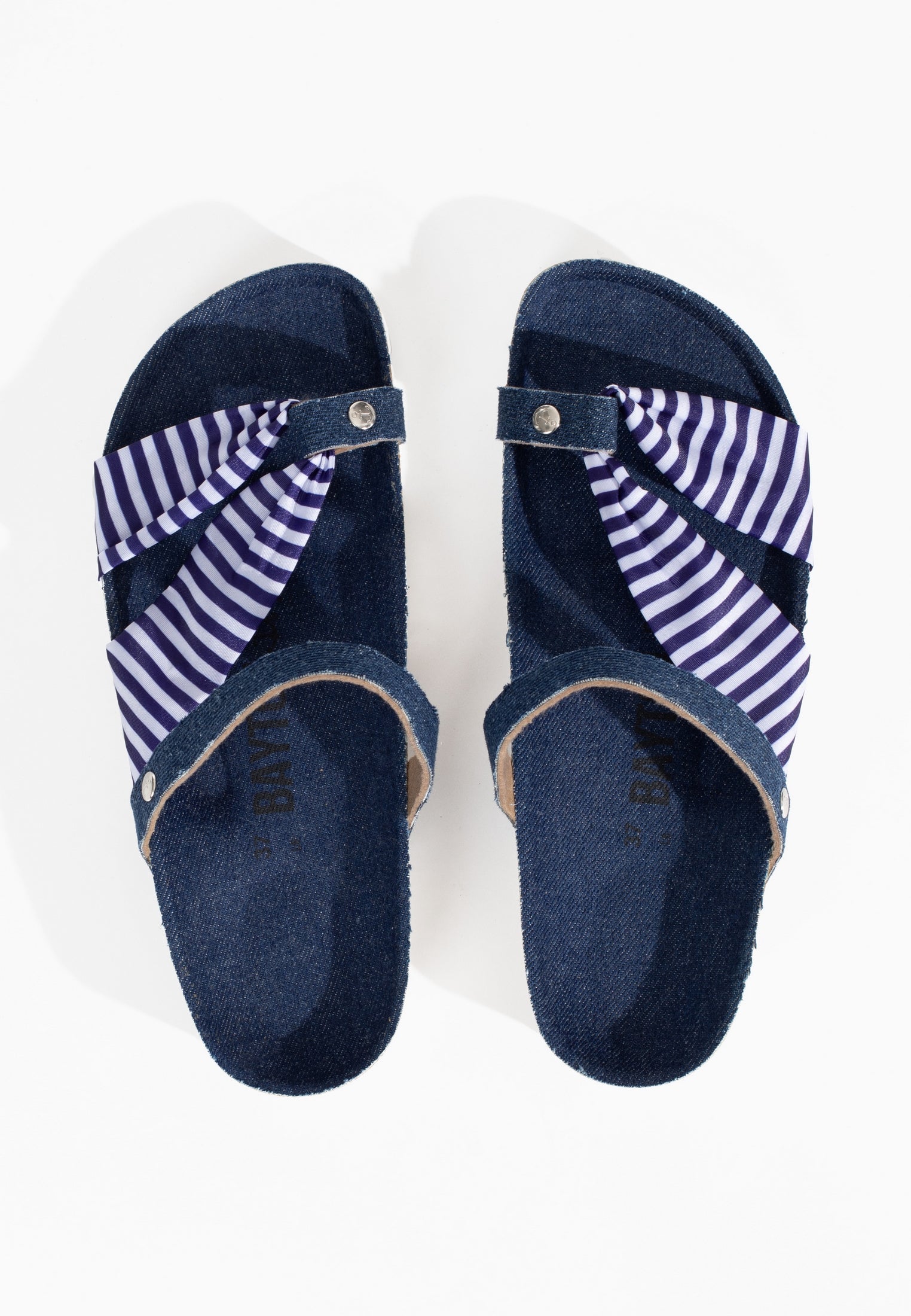 Figueira Denim and White Multi-Strap Sandals