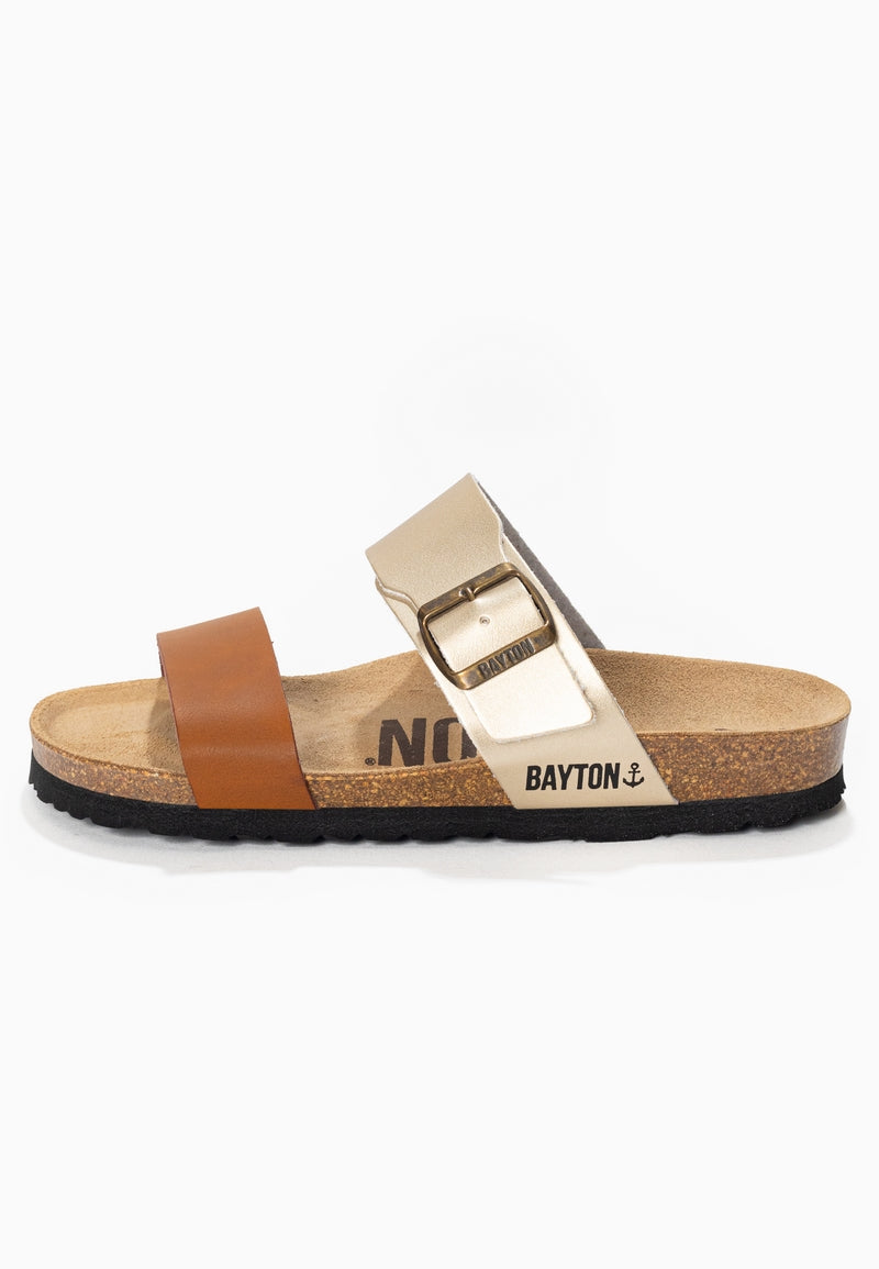 Valencia Camel and Gold 2 Strap Sandals