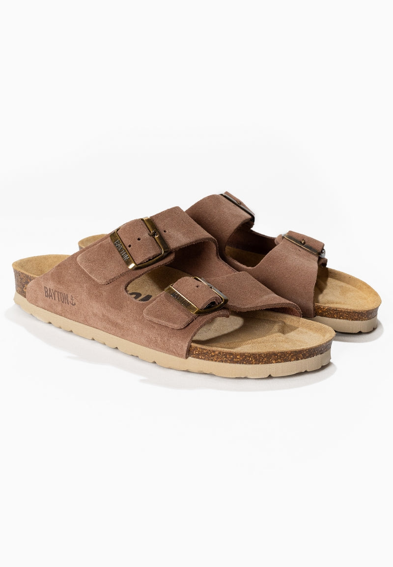 Sandales 2 Brides Atlas Beige foncées en Cuir Suédé