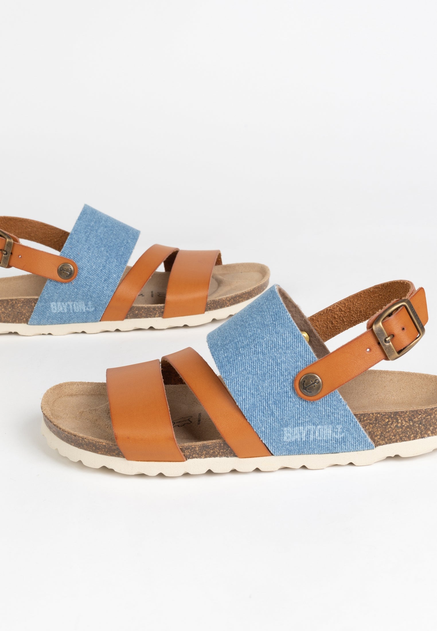 Vitoria Tan and Blue Denim Multi-Strap Sandals