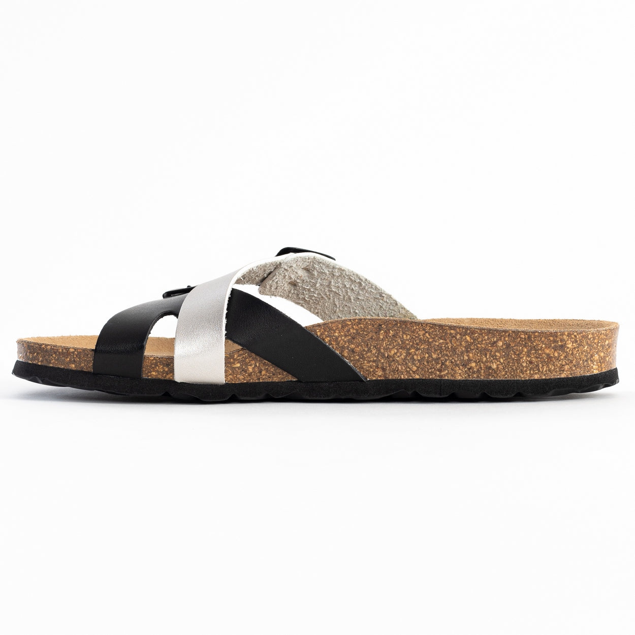 Cleo Black and Silver 2-Strap Sandals