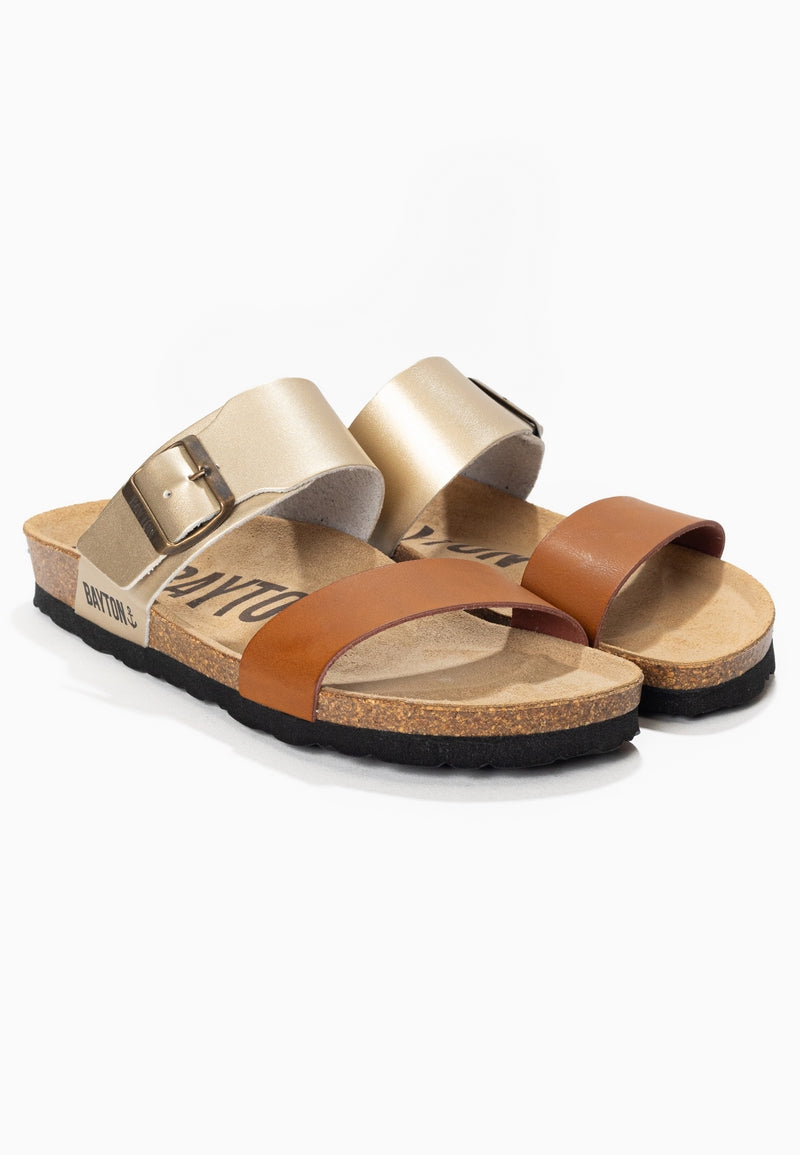 Valencia Camel and Gold 2 Strap Sandals