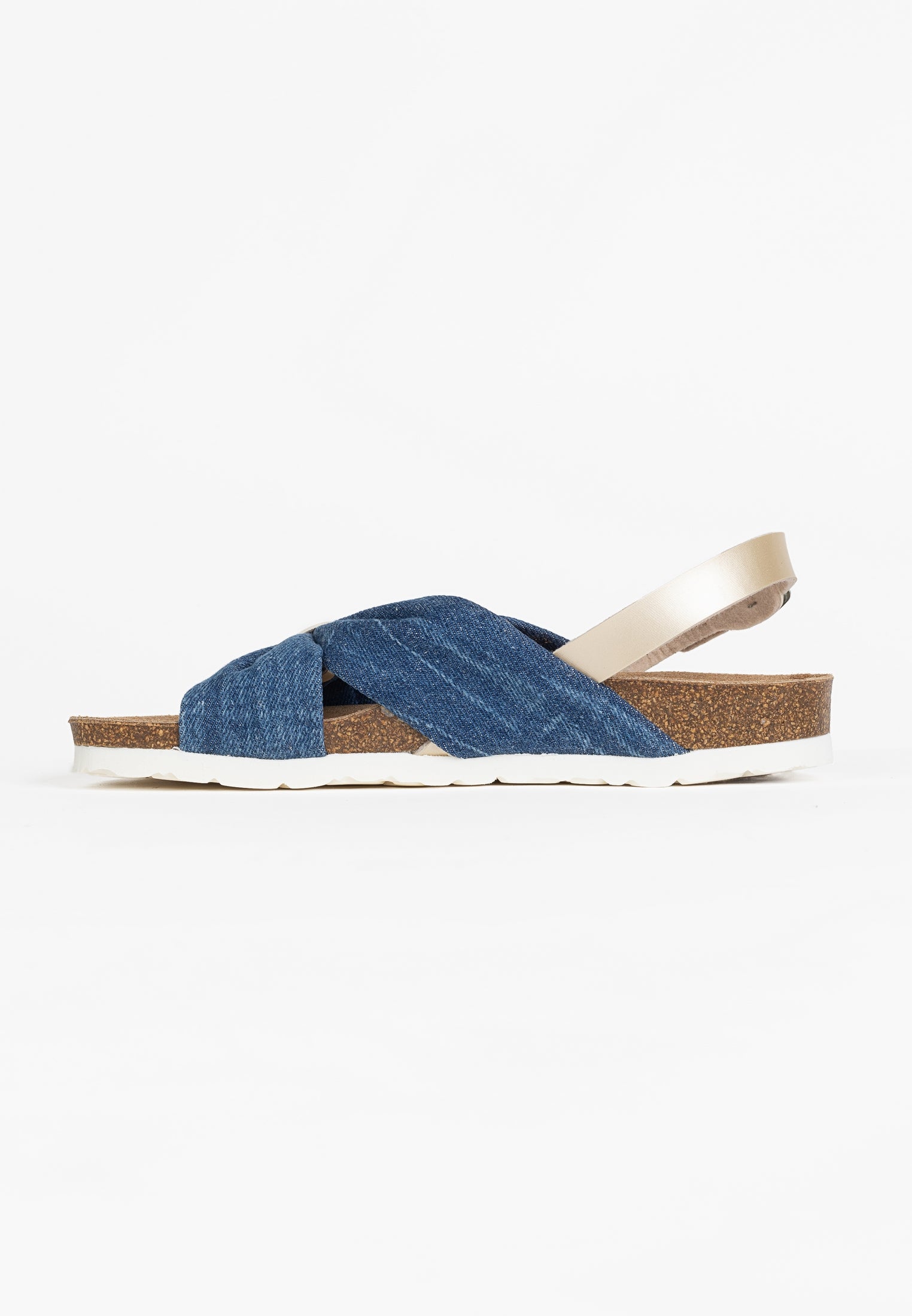 Frutti sandalias multitiras en denim azul y dorado claro