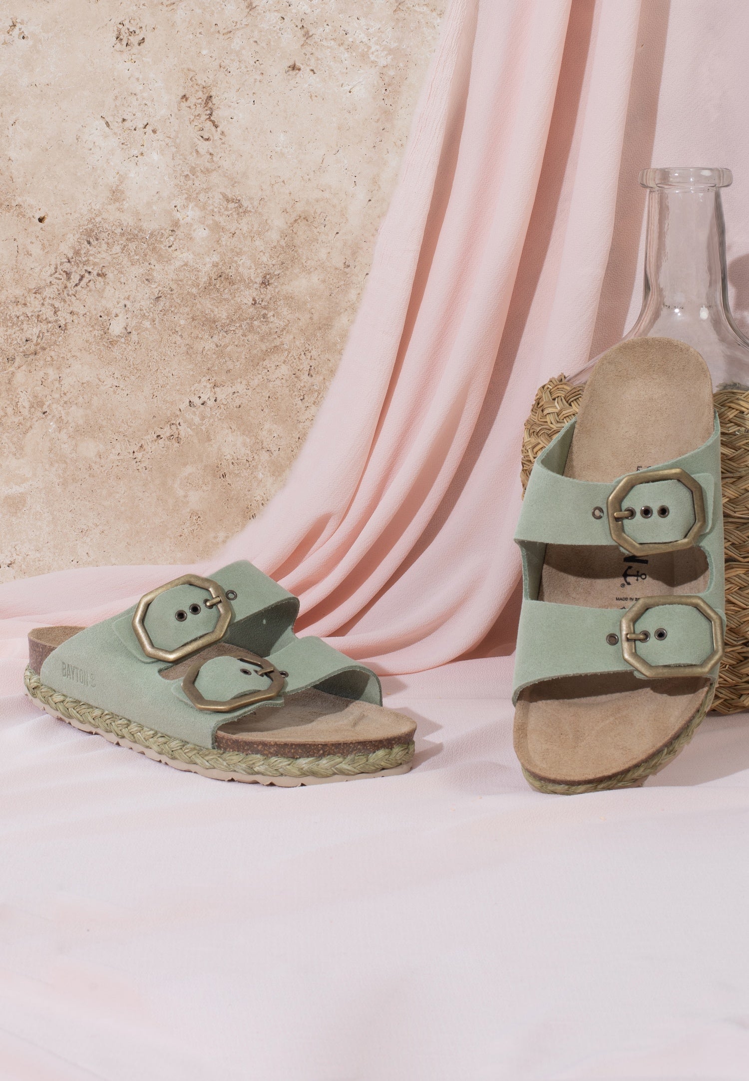 Atlas Green Suede Leather 2 Strap Sandals