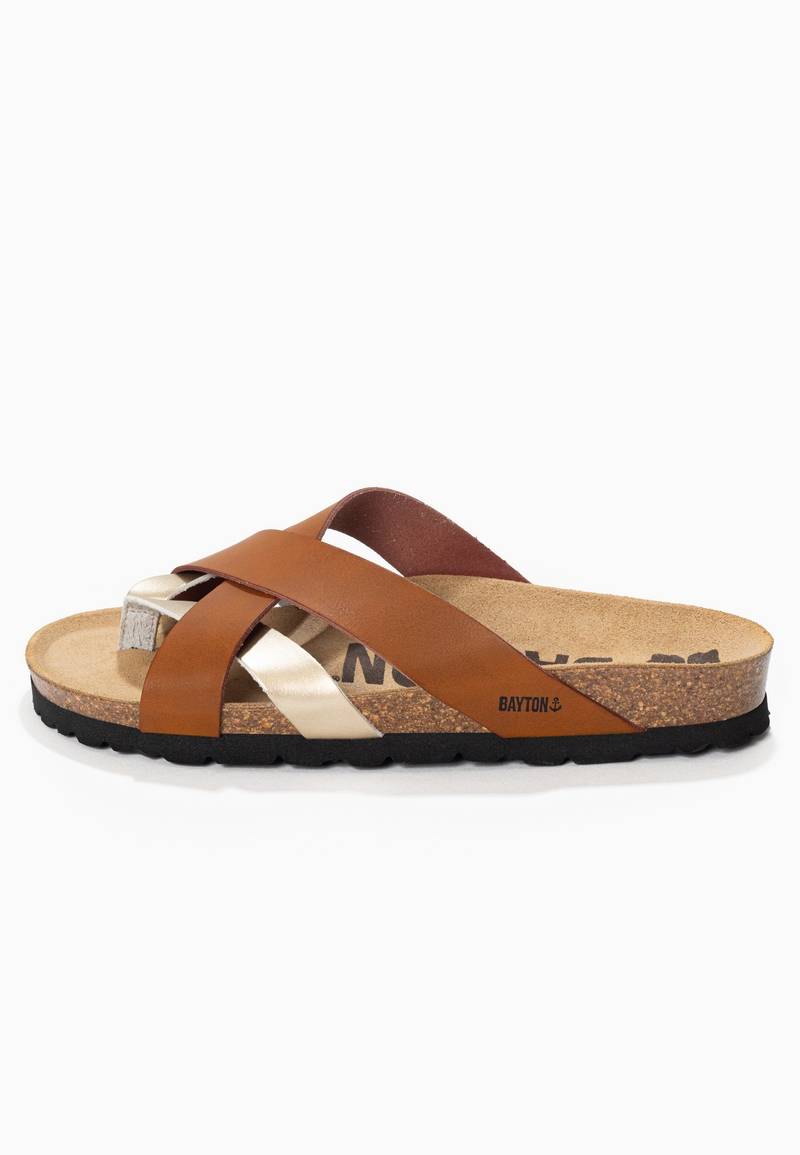 Alava Camel and Gold Toe-Thong Sandals