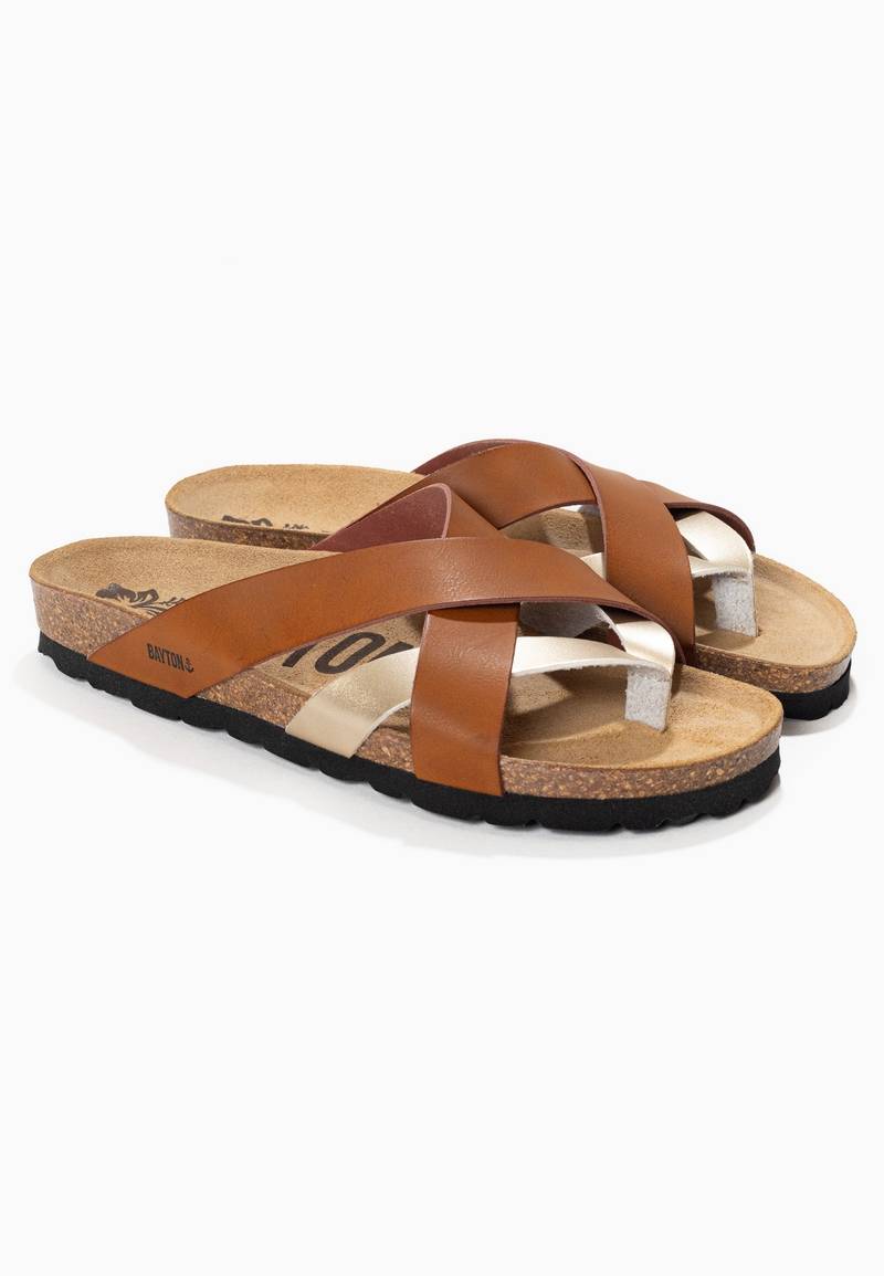 Alava Camel and Gold Toe-Thong Sandals