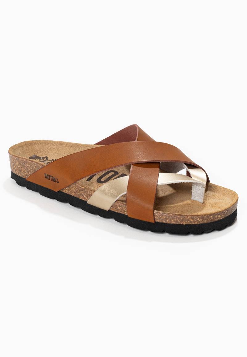 Alava Camel and Gold Toe-Thong Sandals