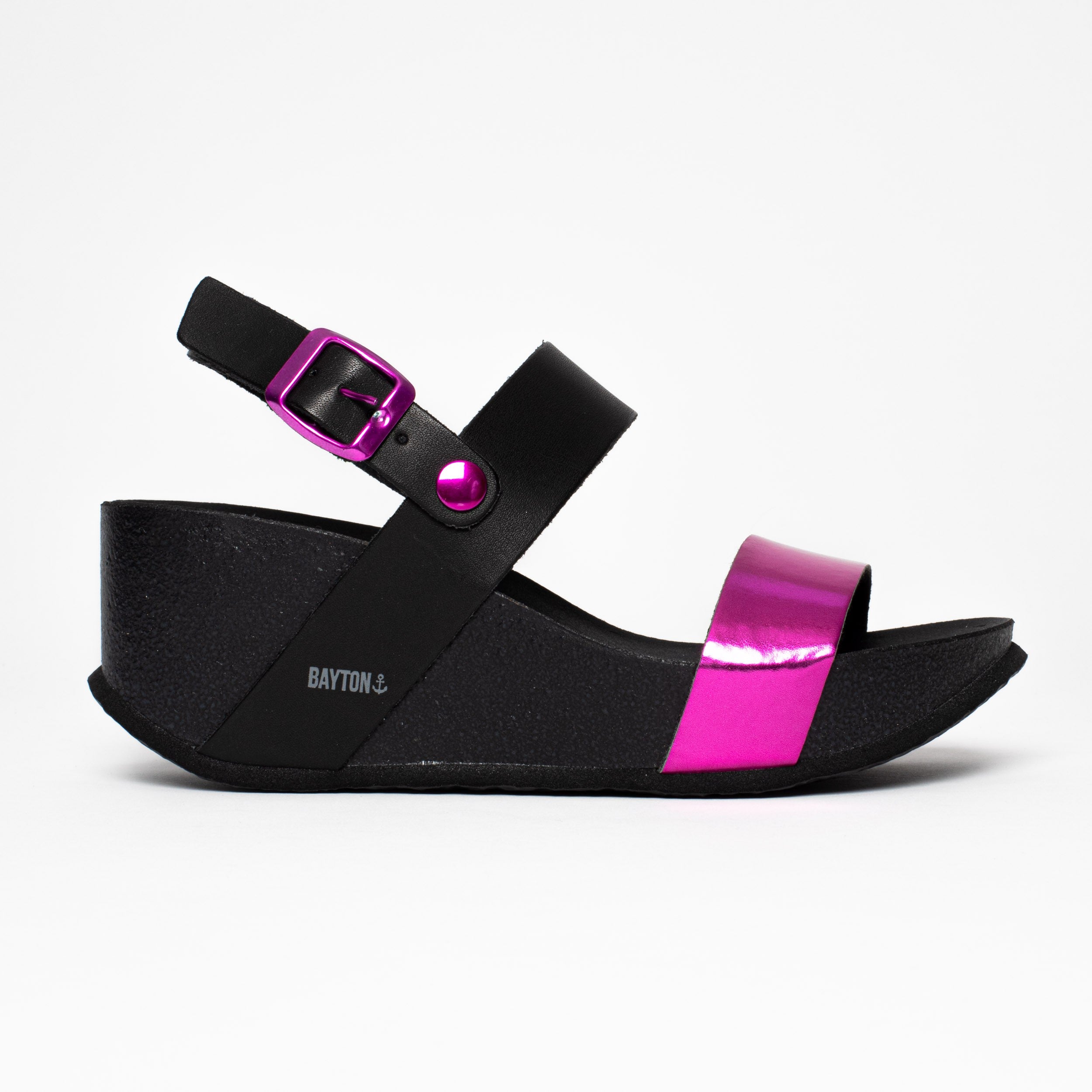 Selene Fuschia and Black Wedge and Semi-Wedge Sandals