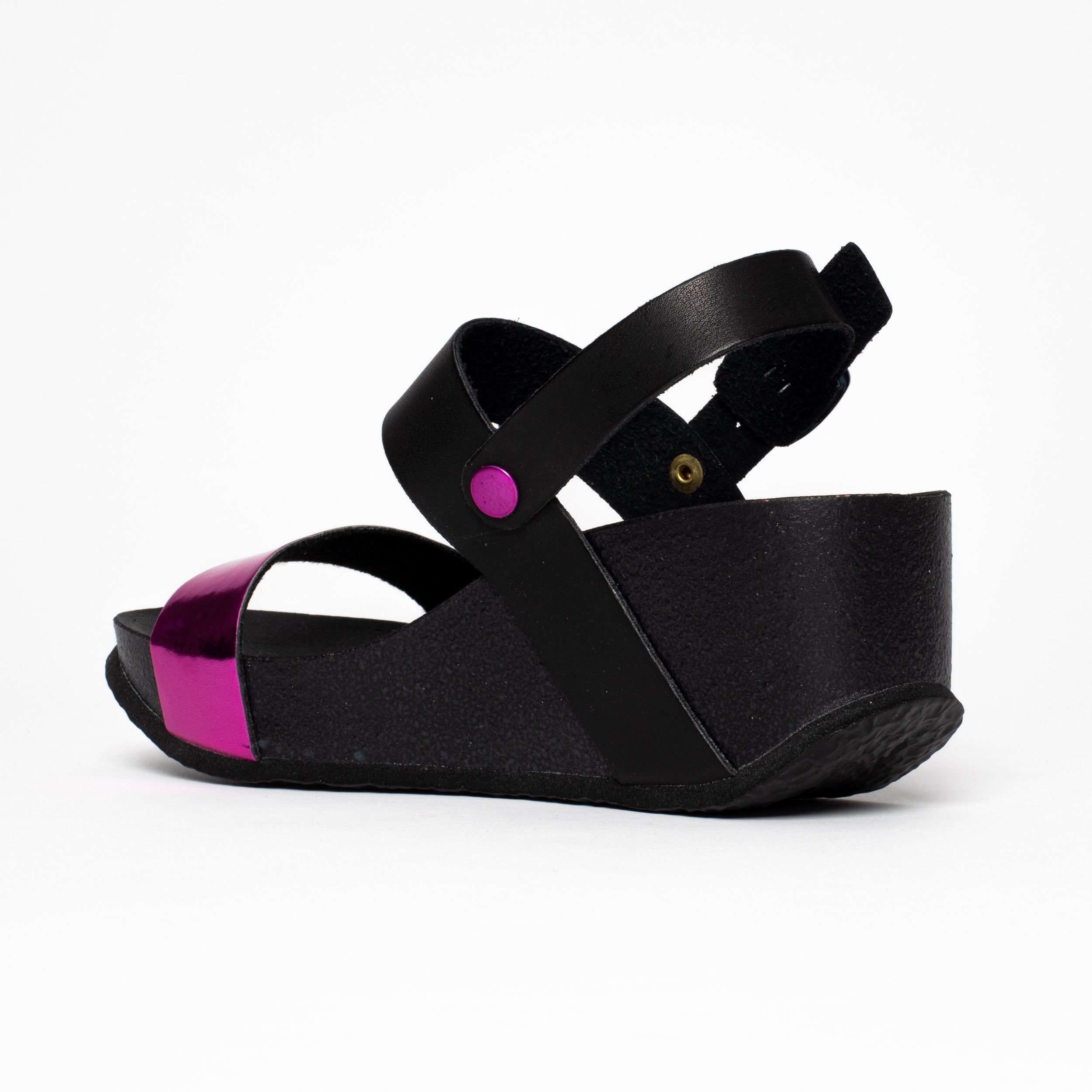 Selene Fuschia and Black Wedge and Semi-Wedge Sandals