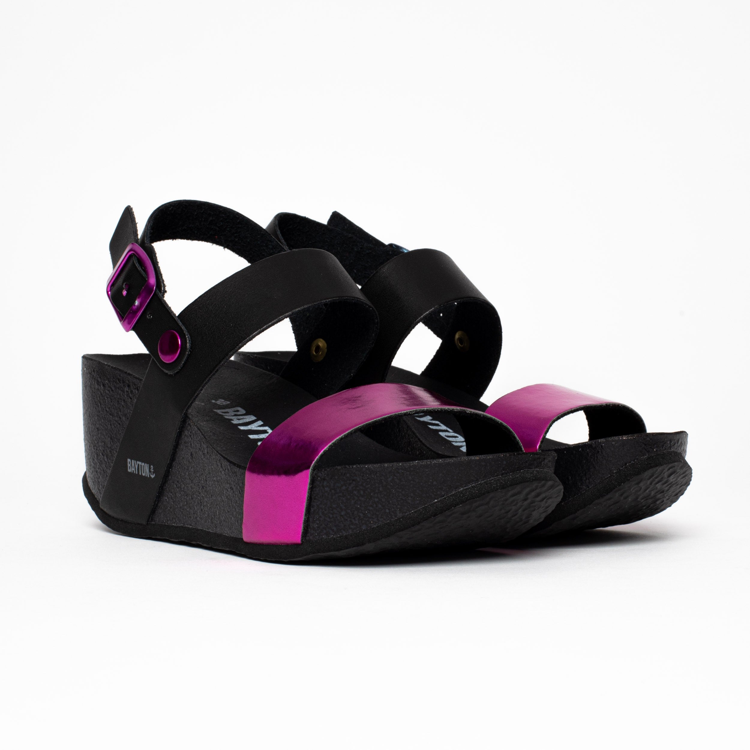 Selene Fuschia and Black Wedge and Semi-Wedge Sandals