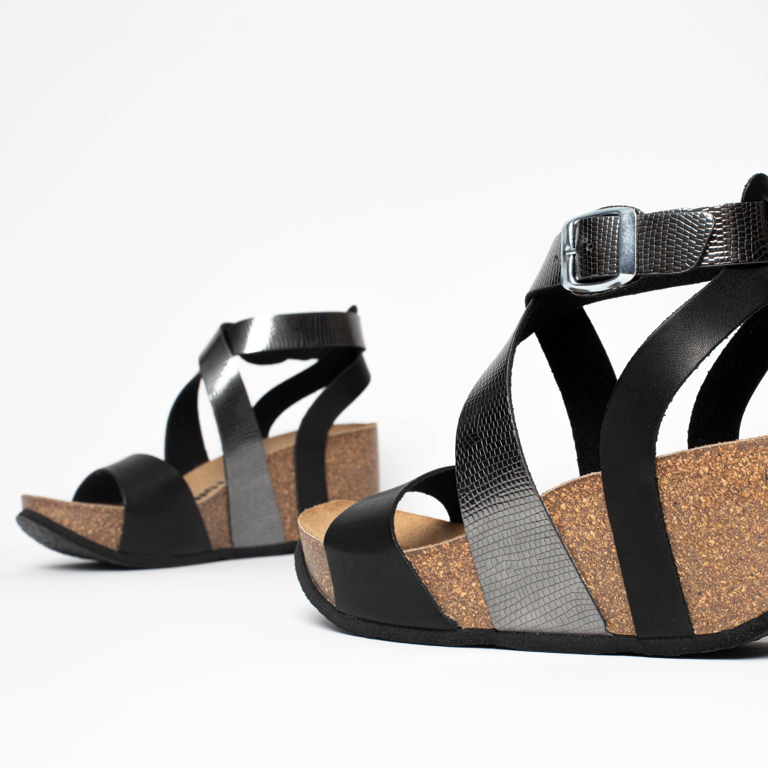 Pampelune Black and Pewter Wedge and Semi-Wedge Sandals