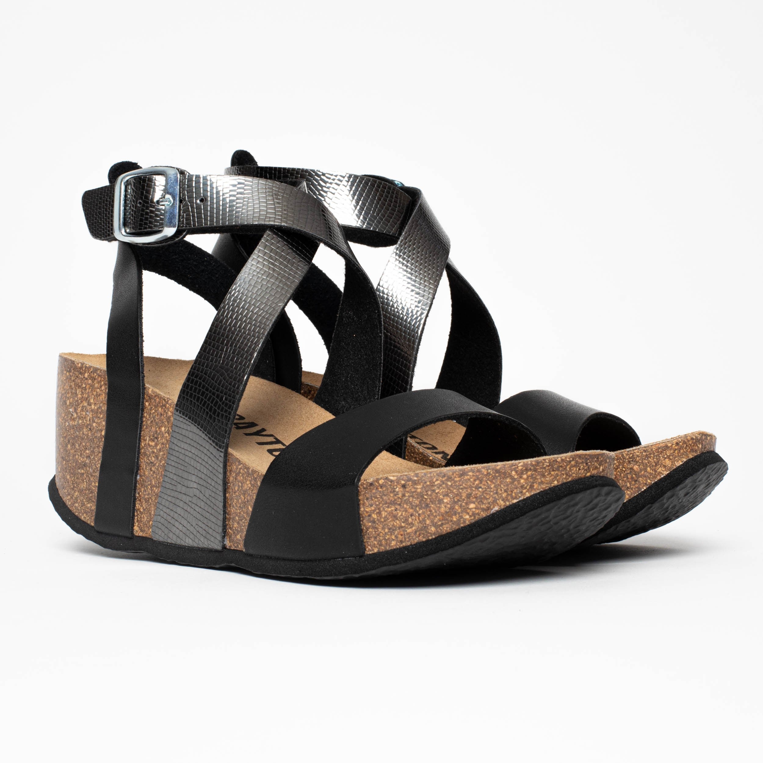 Pampelune Black and Pewter Wedge and Semi-Wedge Sandals