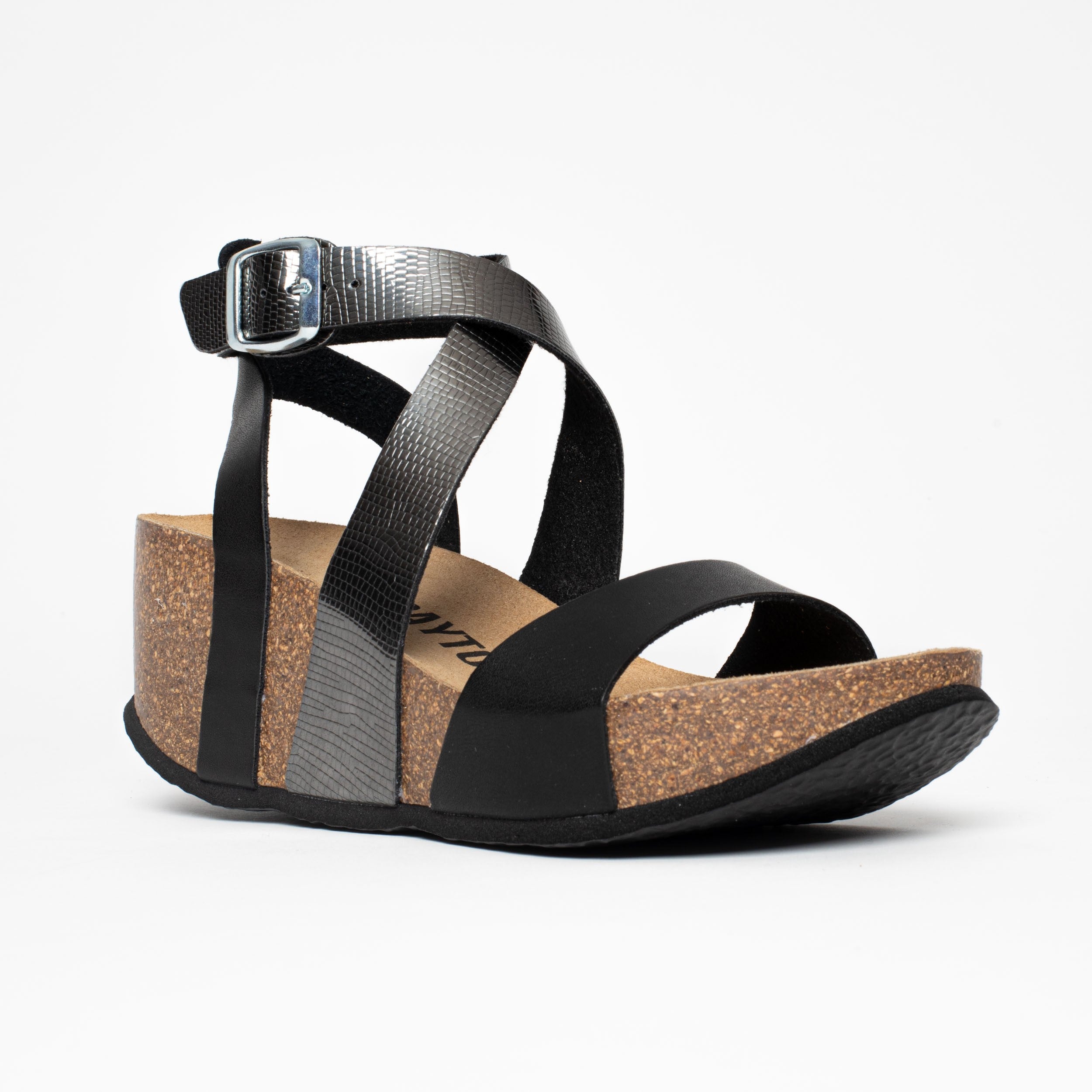 Pampelune Black and Pewter Wedge and Semi-Wedge Sandals