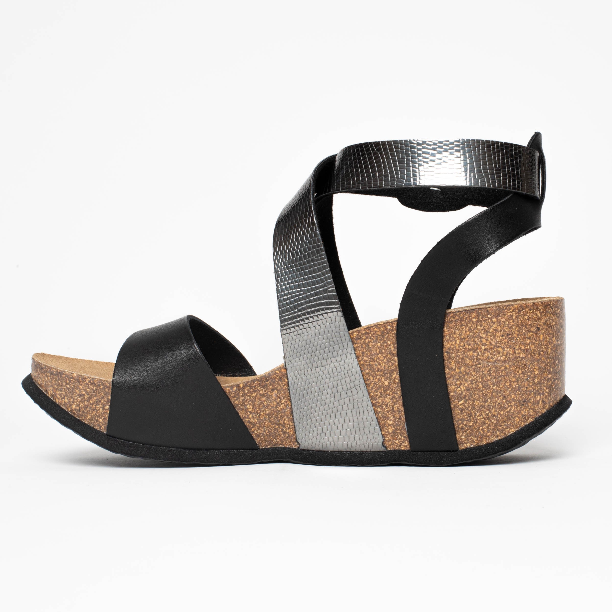 Pampelune Black and Pewter Wedge and Semi-Wedge Sandals