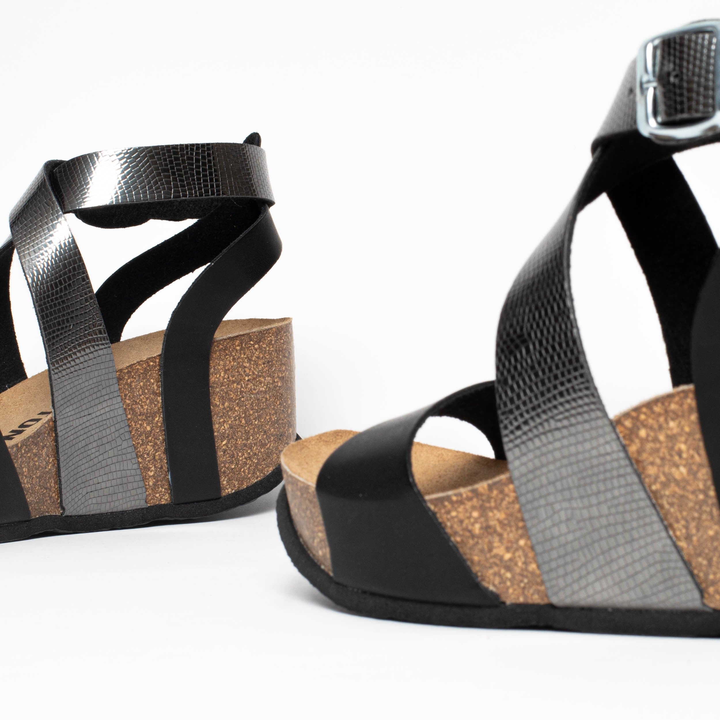 Pampelune Black and Pewter Wedge and Semi-Wedge Sandals