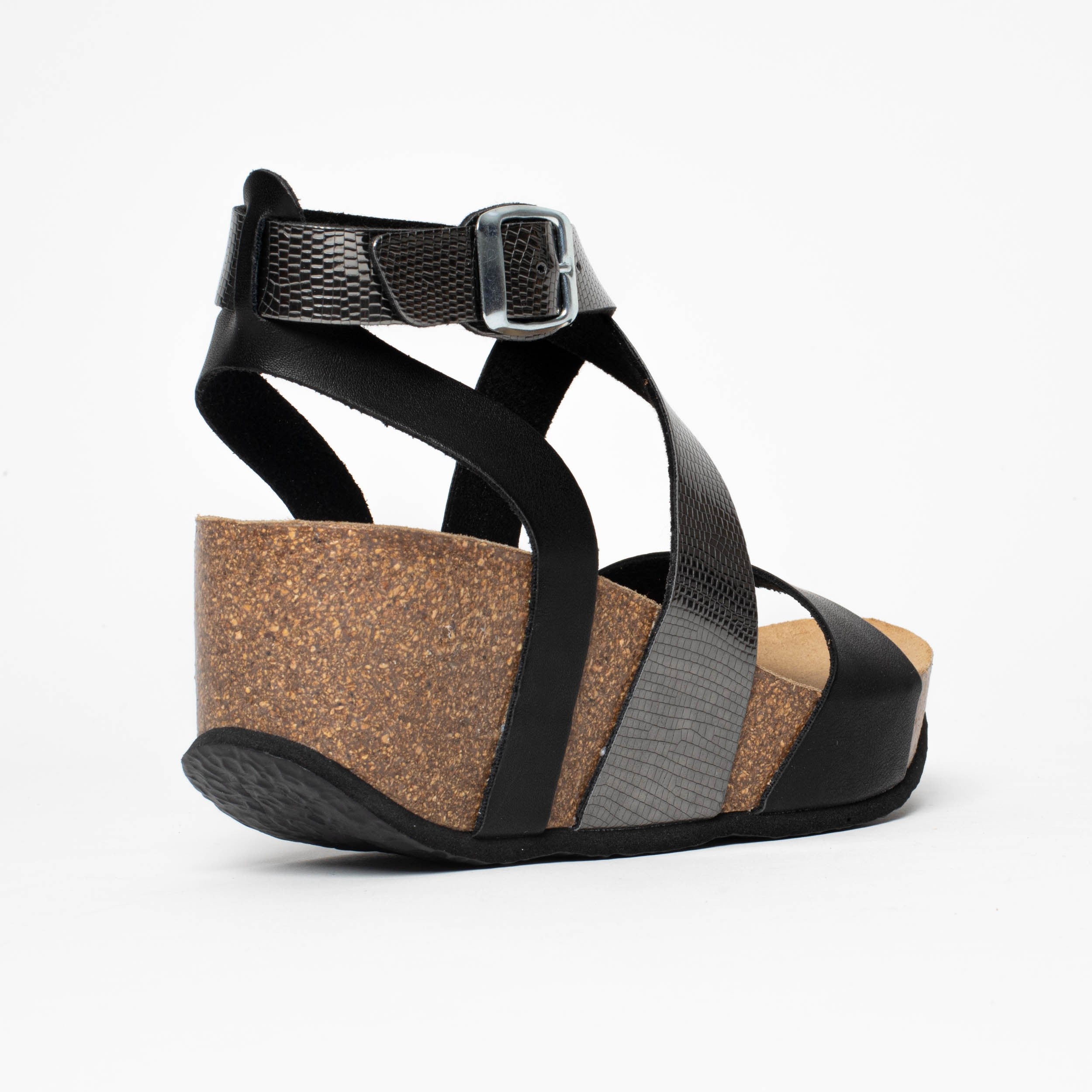 Pampelune Black and Pewter Wedge and Semi-Wedge Sandals