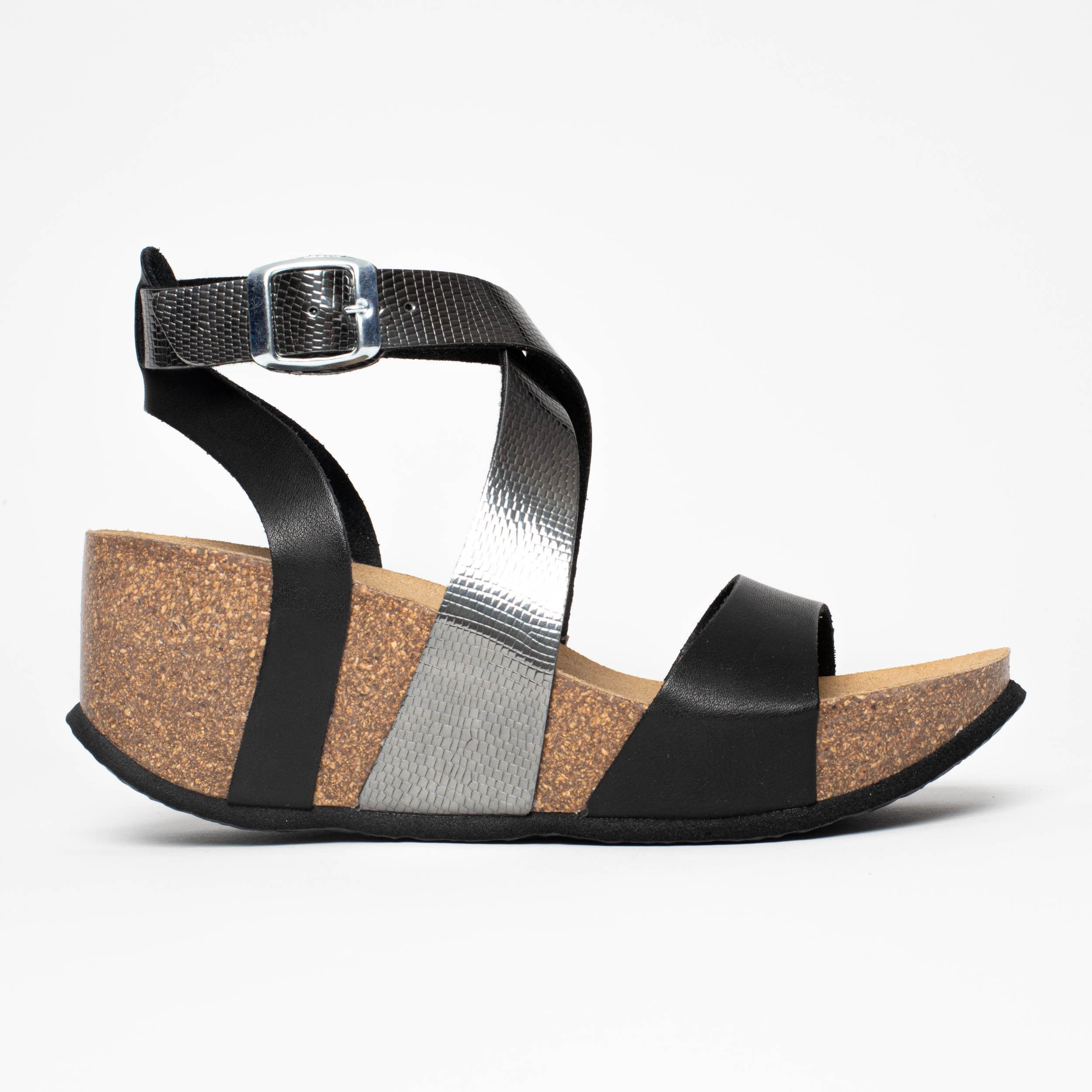 Pampelune Black and Pewter Wedge and Semi-Wedge Sandals