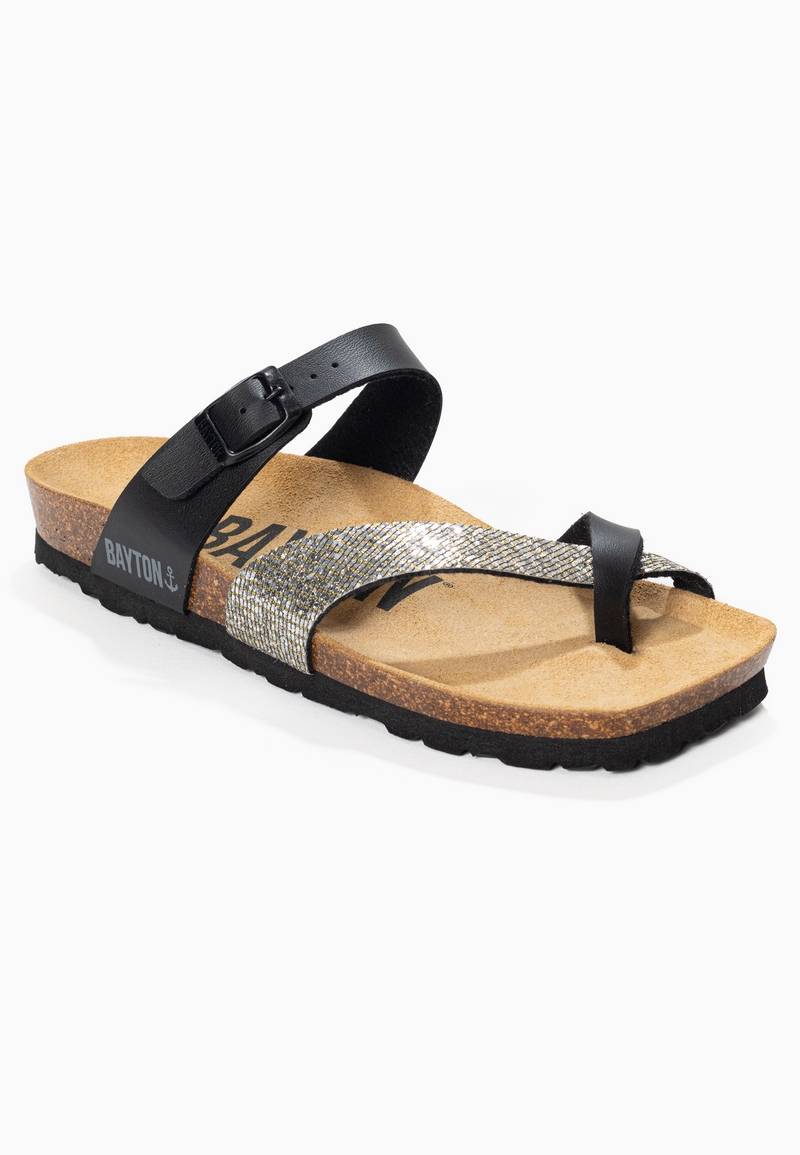 Diane Black and Silver Glittery Toe Post Sandals