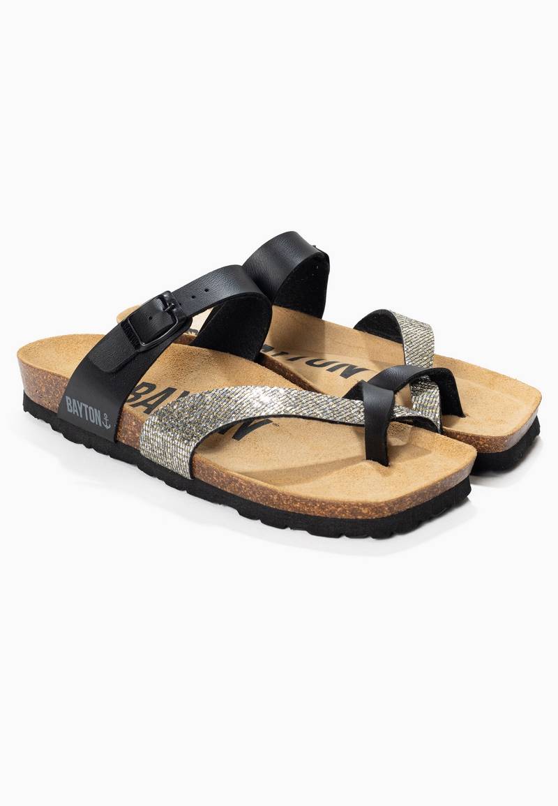 Diane Black and Silver Glittery Toe Post Sandals