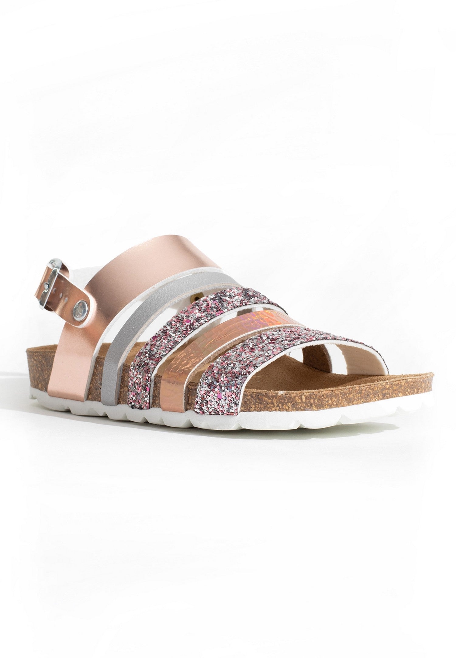 Joy Silver and Rose Gold and Glitter Multi-Strap Sandals