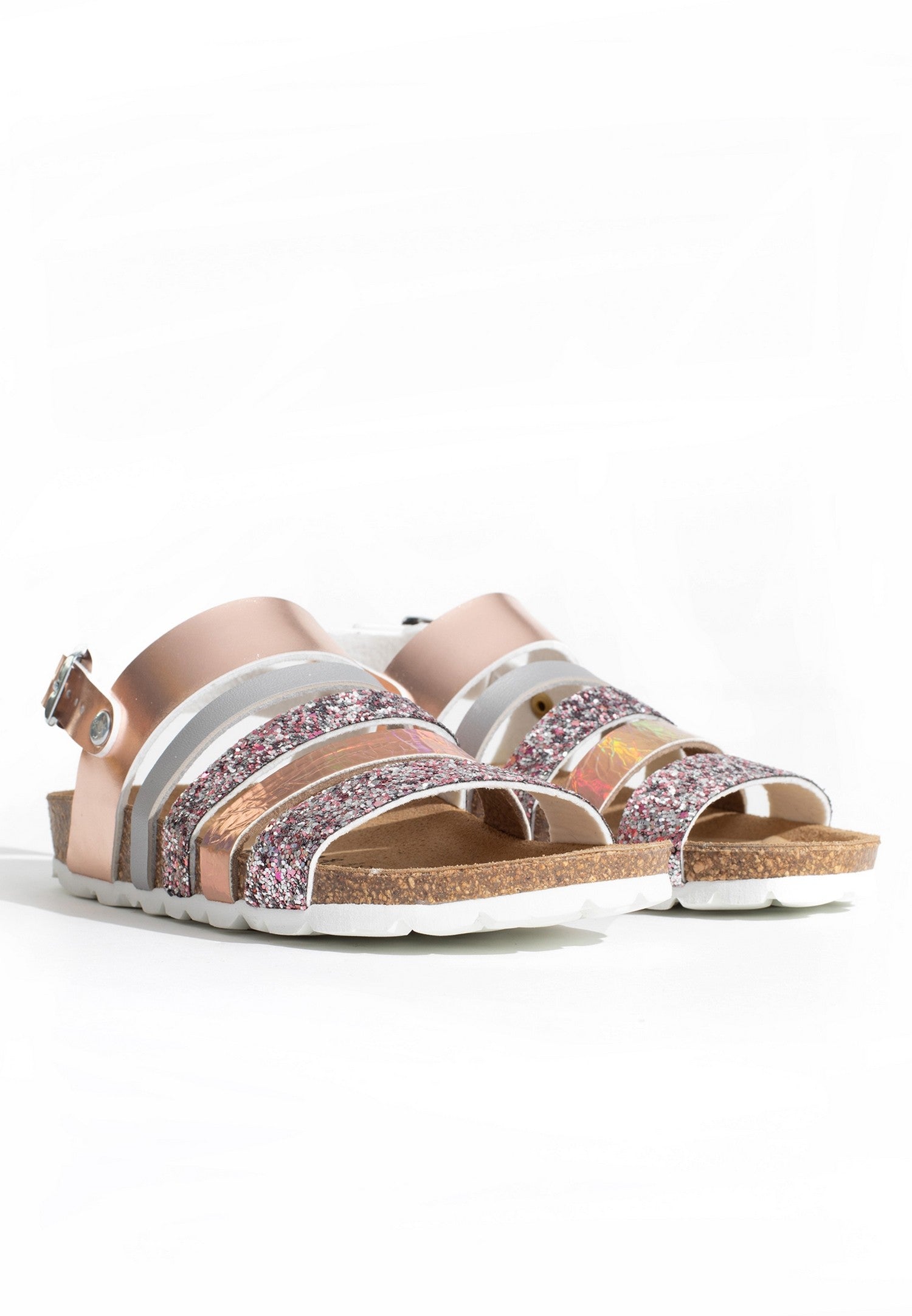 Joy Silver and Rose Gold and Glitter Multi-Strap Sandals