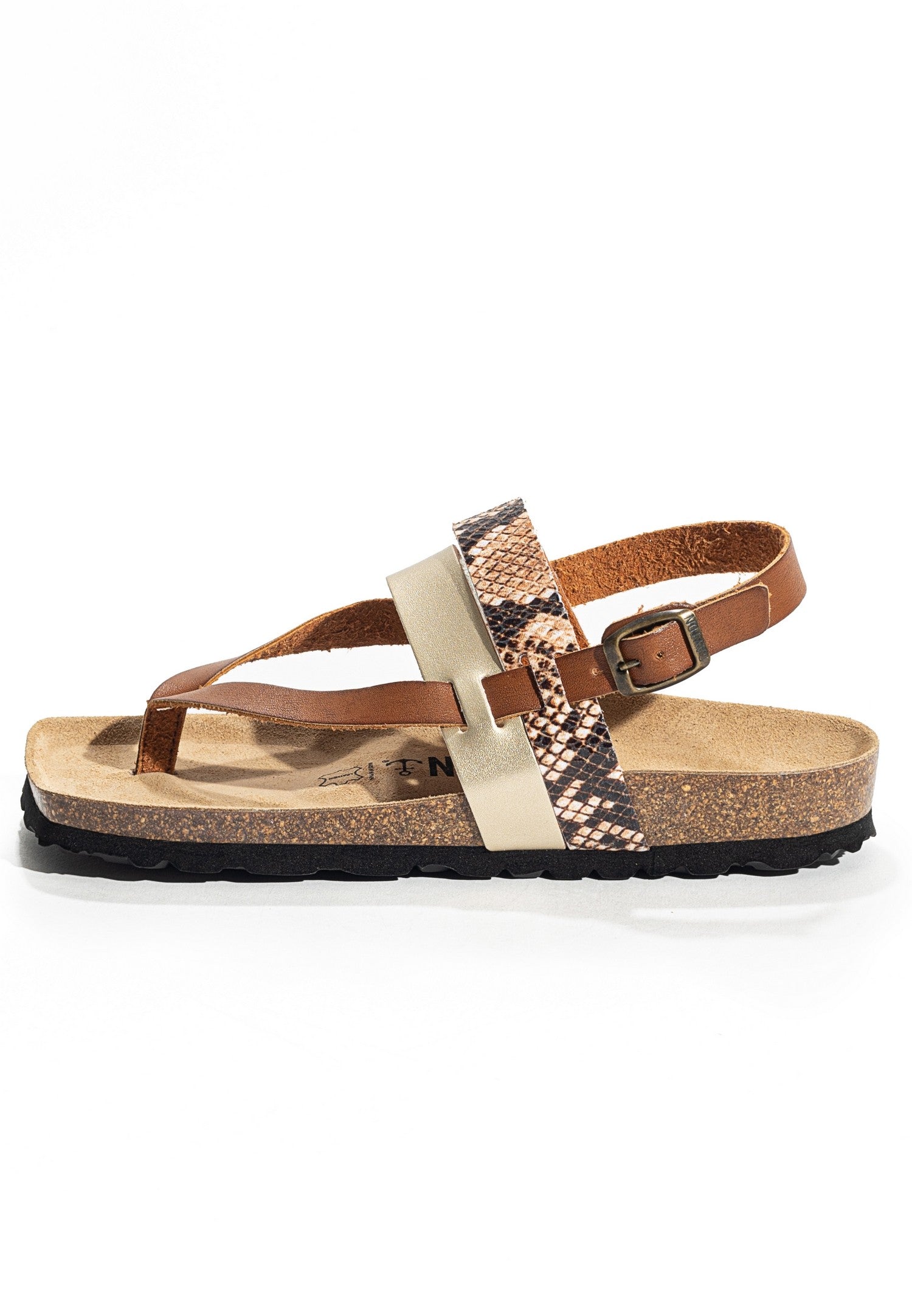 Lajas Camel and Gold and Python Toe-Strap Sandals