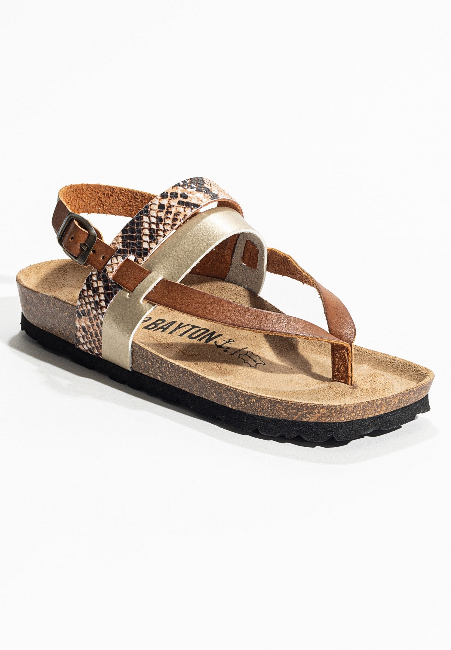 Lajas Camel and Gold and Python Toe-Strap Sandals