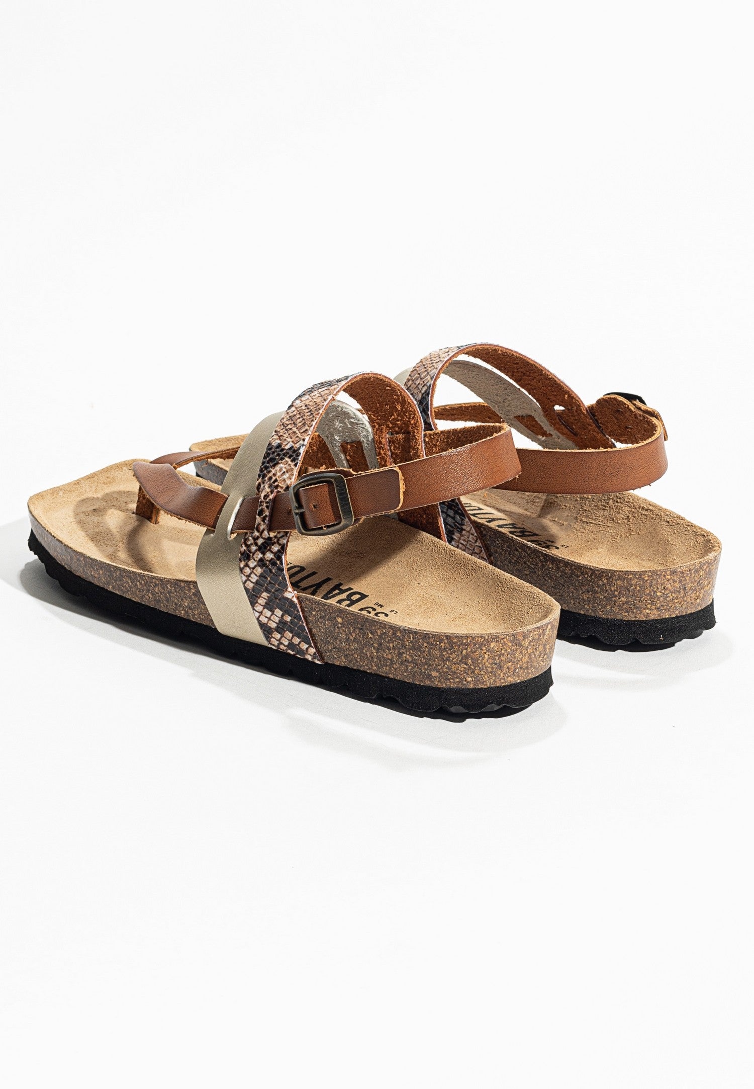 Lajas Camel and Gold and Python Toe-Strap Sandals