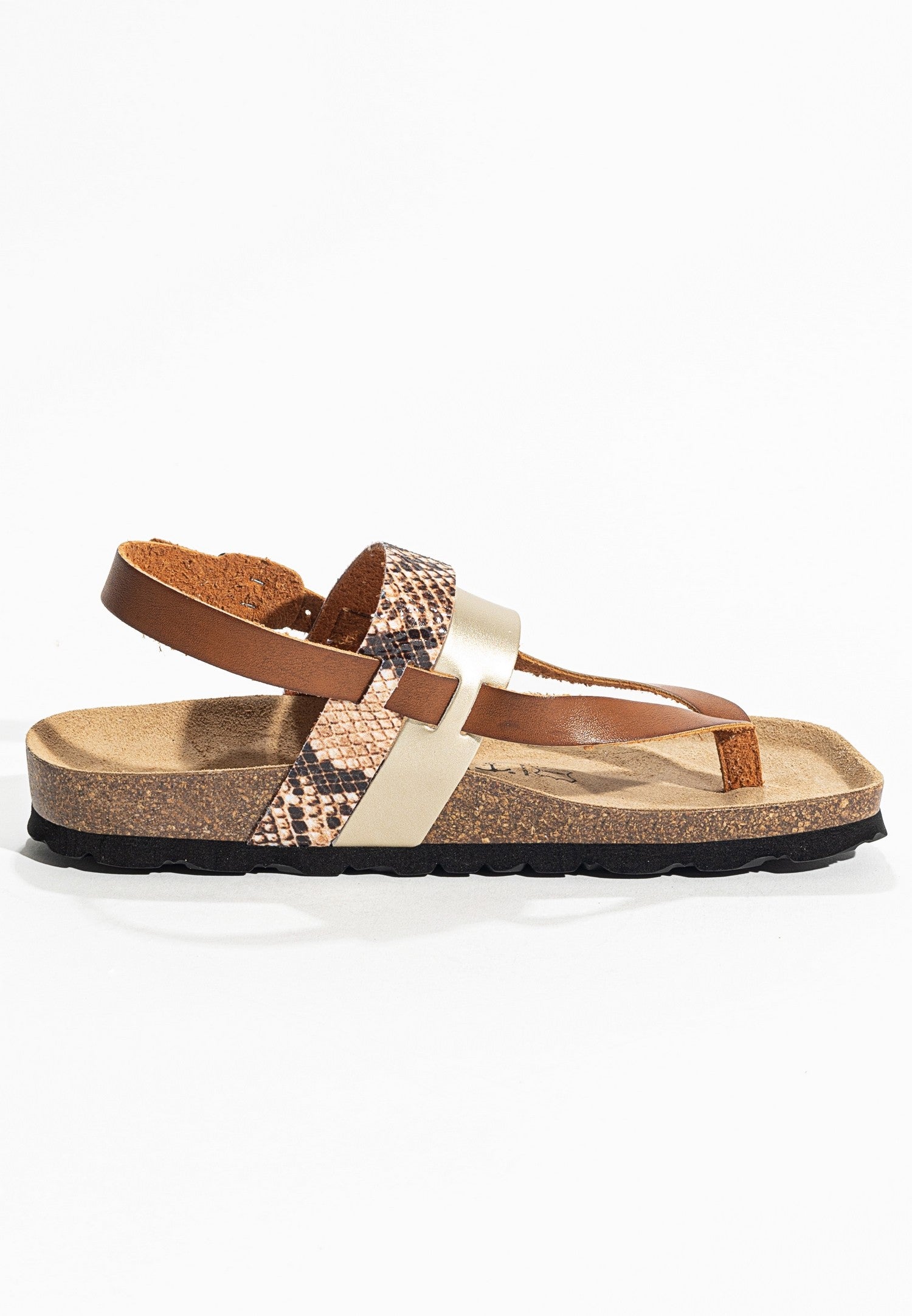 Lajas Camel and Gold and Python Toe-Strap Sandals