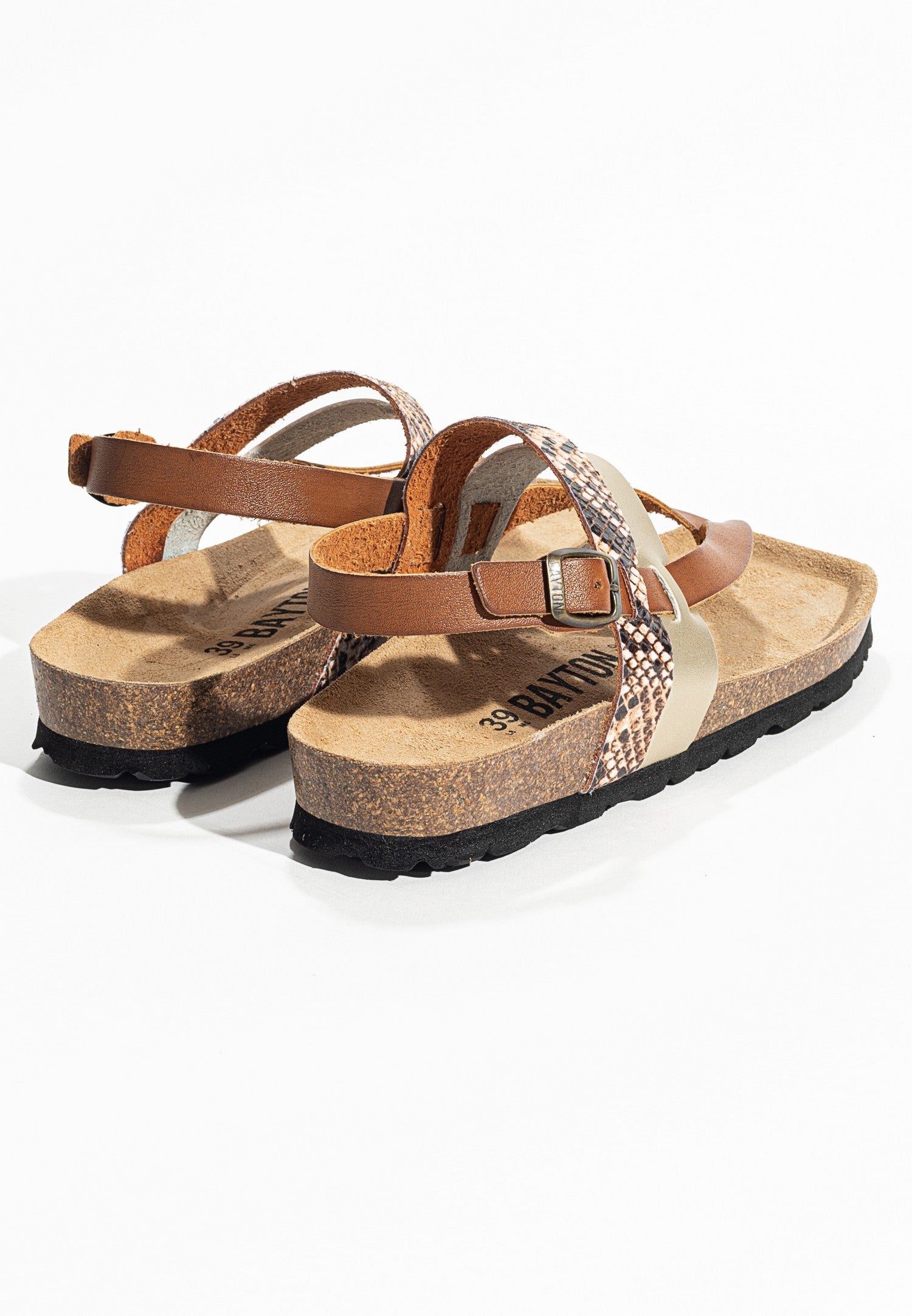 Lajas Camel and Gold and Python Toe-Strap Sandals