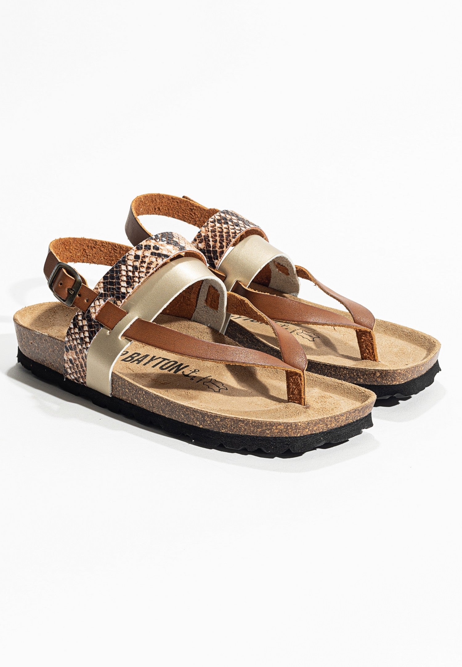 Lajas Camel and Gold and Python Toe-Strap Sandals