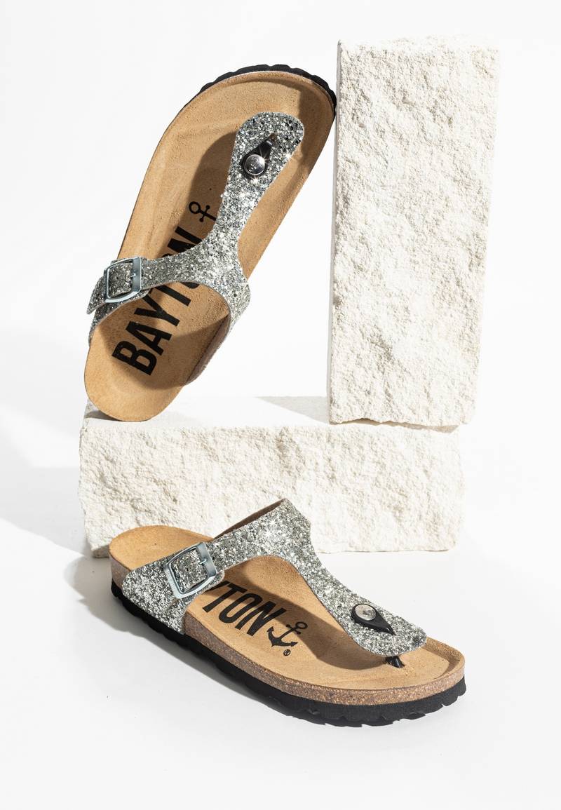 Silver Glittery Mercury Sandals with Toe Post