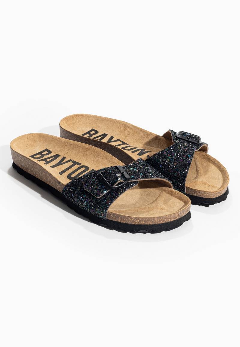 Zephyr Black Glitter 1 Strap Sandals