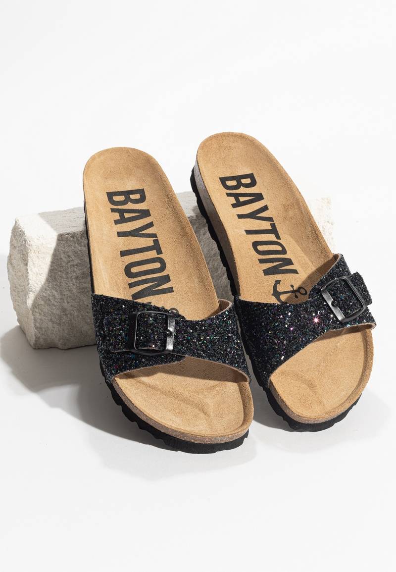 Zephyr Black Glitter 1 Strap Sandals